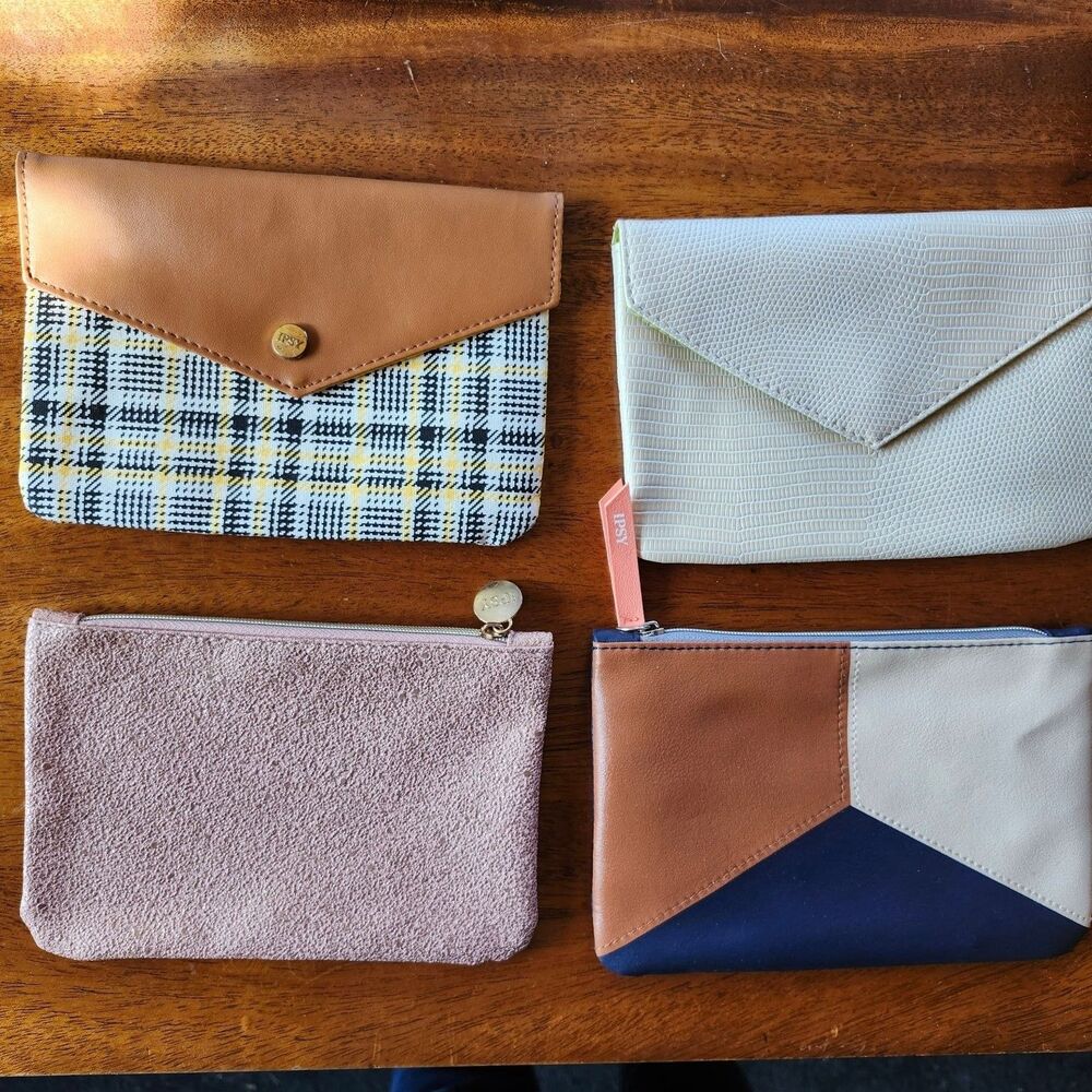 4 IPSY Women's Cosmetic Bags Pouches Snack & Zippered Neutral Colors